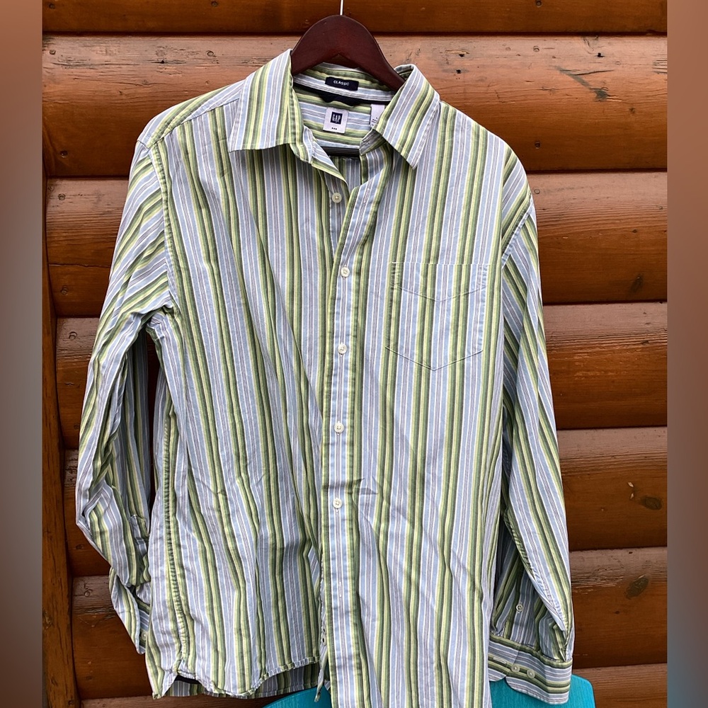Gap Shirt Classic Striped Button Down Aqua Lime S… - image 1